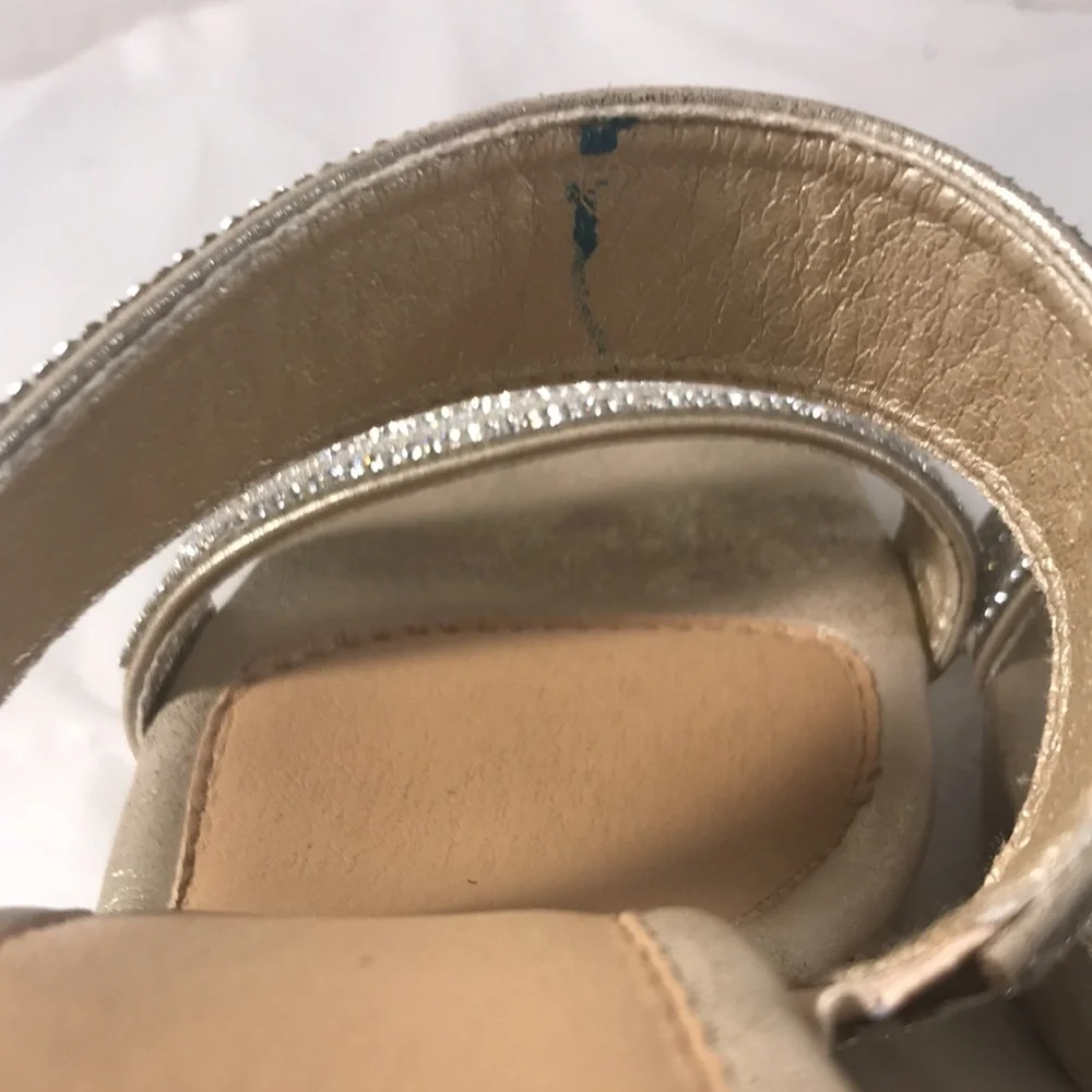 Daisy Fuentes Women’s Metallic Gold High Wedge Sandals with Rhinestone Accents - Picture 4 of 9